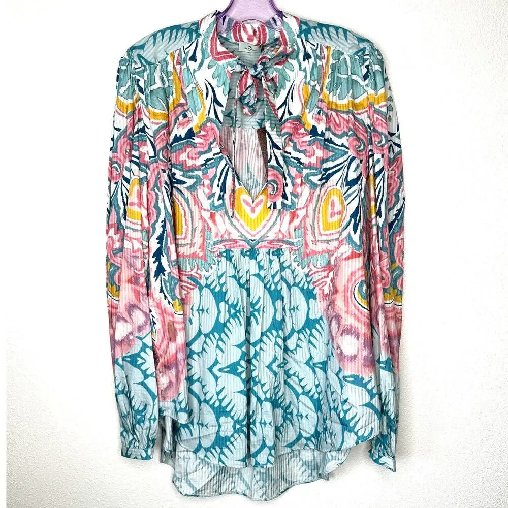 NWT Etro Teal Multicolor Paisley Georgette Long Sleeve Tie Neck Blouse 48 / XL - Picture 3 of 16